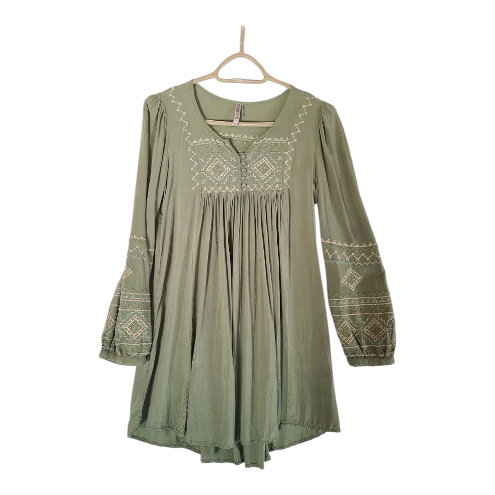 Monoreno Embroidered Boho Babydoll Dress Sage Green Rayon Small